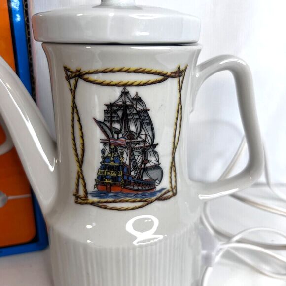 VTG NEW 1972 Nevco 6 Cup Porcelain Electric Heater Water Coffee Nautical Ship - Picture 4 of 12